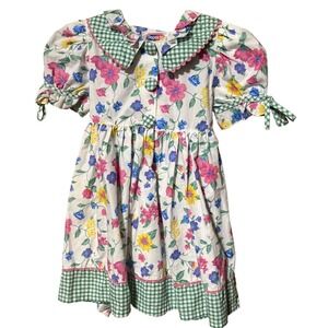 VTG HTF Popsicle Girls Dress Floral Gingham Puff Sleeve Bows Size runs small